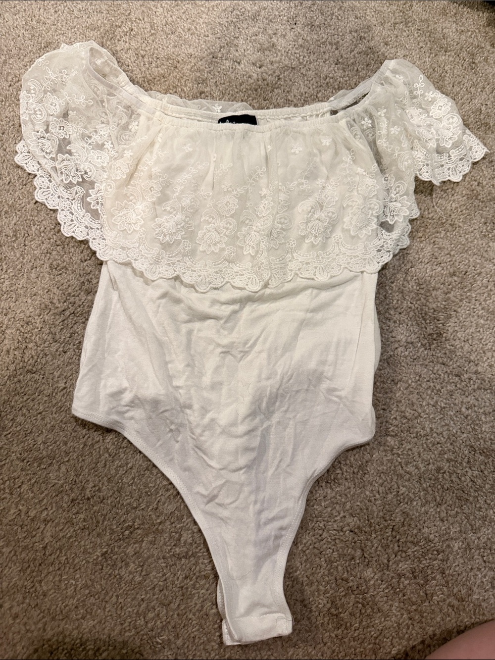 Lulu's White Lace Off-Shoulder Floral Bodysuit